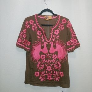 6 Tory Burch Brown & Pink Peacock Embroidered Tunic Top